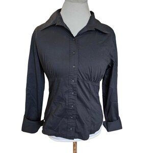 Y2K Womens 8 Babydoll Buttonup Shirt Black Longsleeve Career Empire‎ Waist